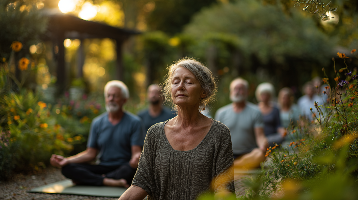 Grupa de seniori practică yoga în parc
