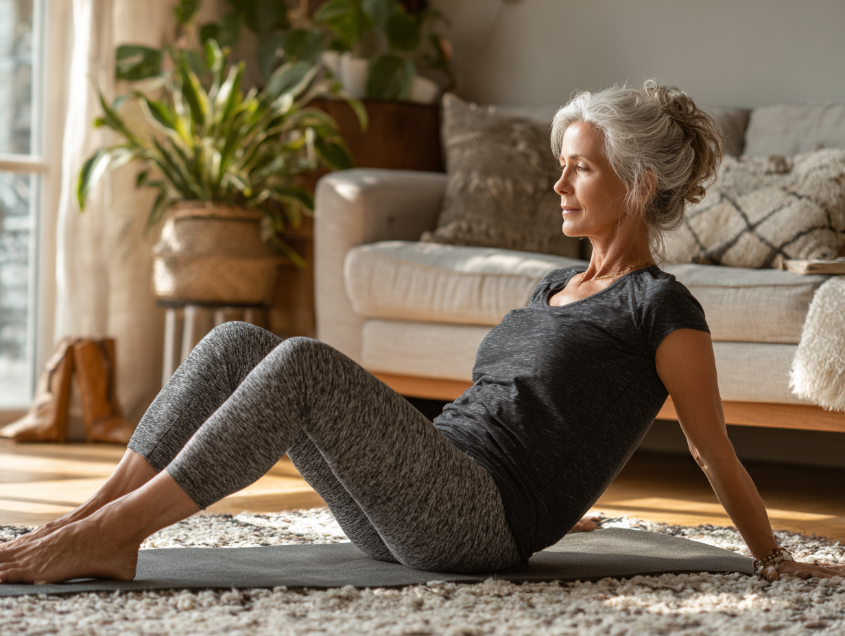Femeie mature practică yoga la domiciliu